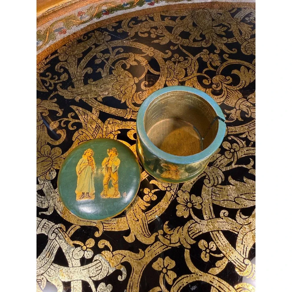 Vintage Hand-Painted Wood Stamp Roll Box 2″ Round Musical Figures - Picture 12 of 16
